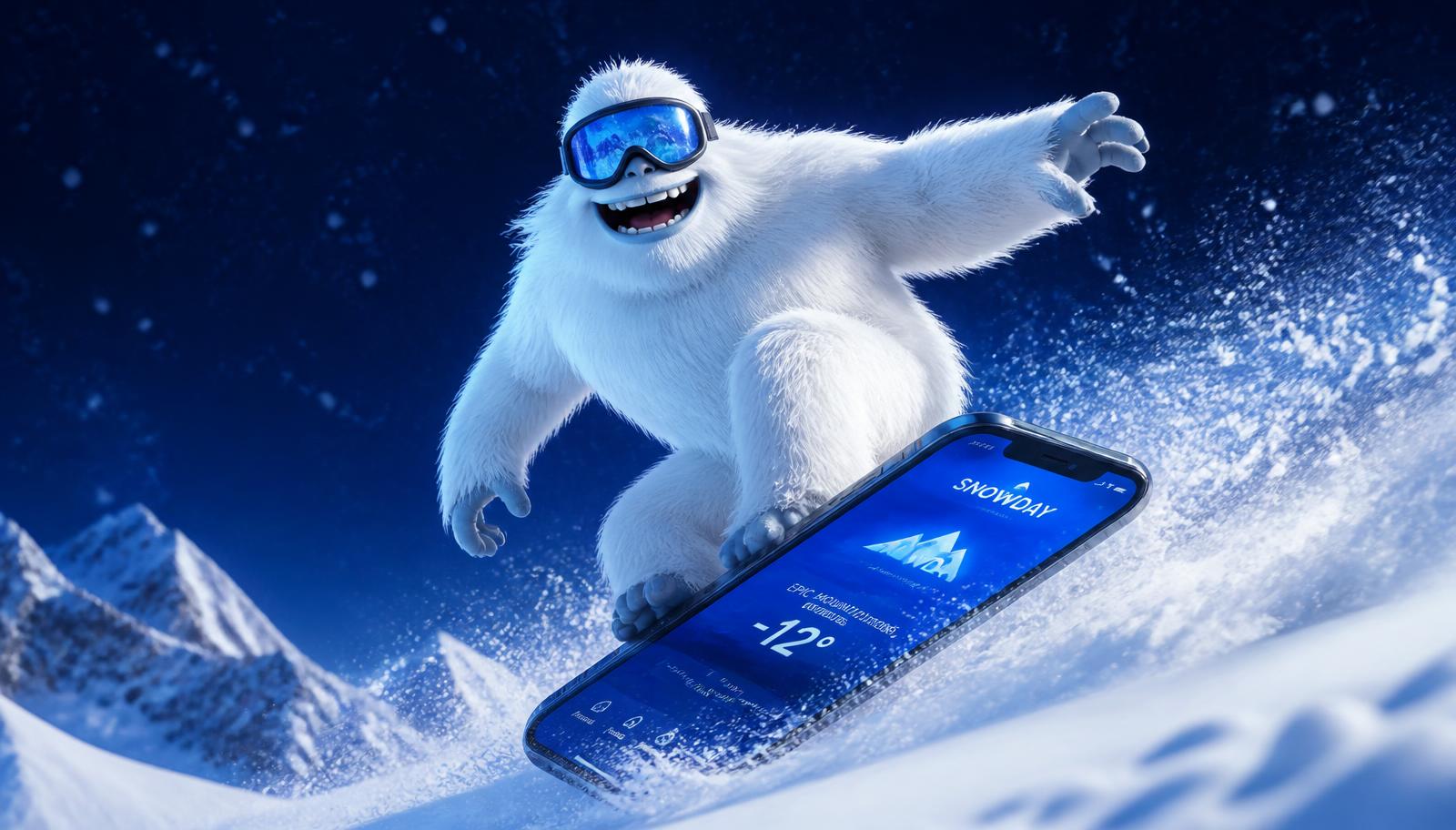Yeti mascot riding a smartphone through fresh powder snow